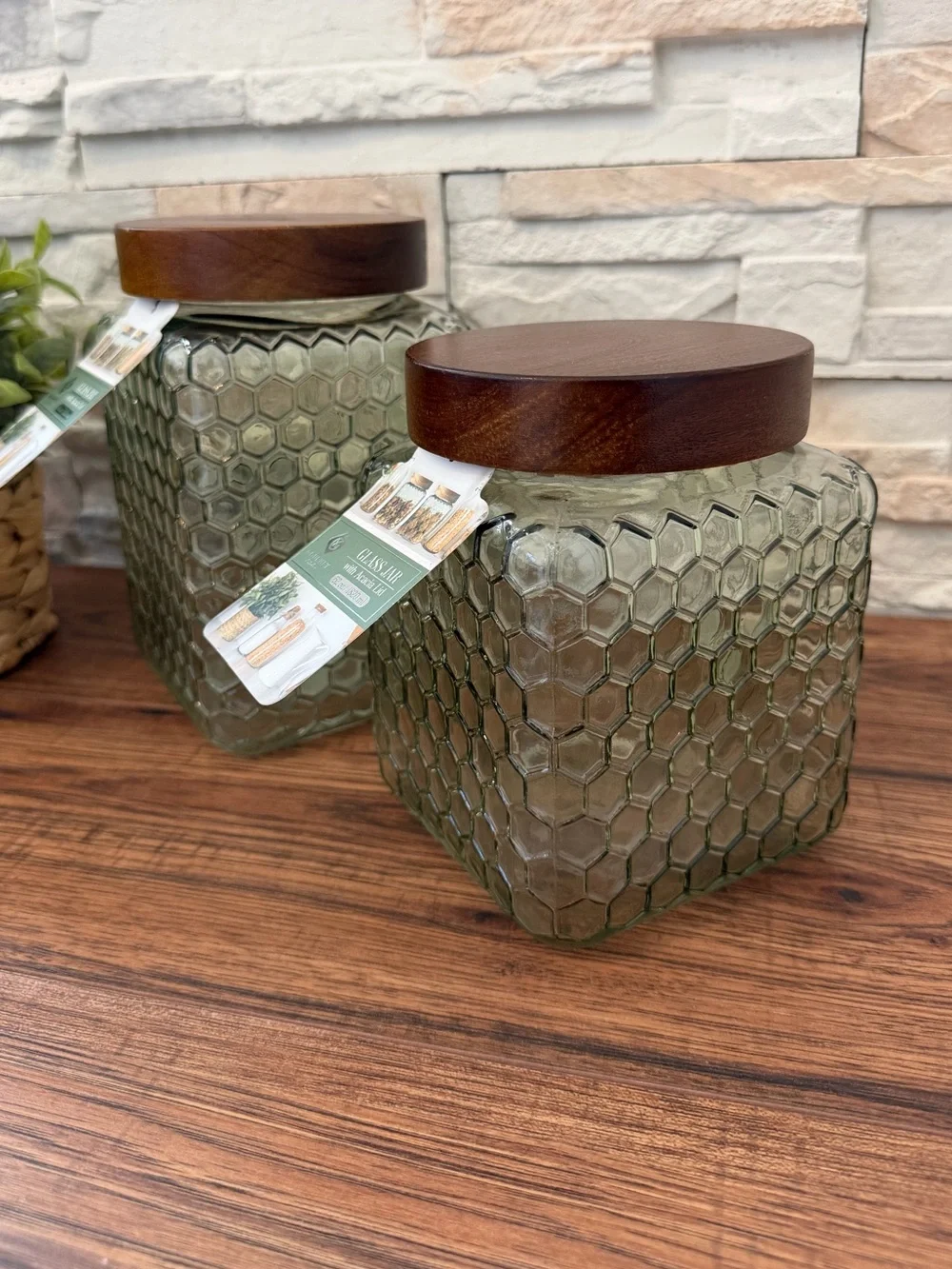 🆕 Set of 2 | Green Honeycomb Glass Jars with Wooden Lids!